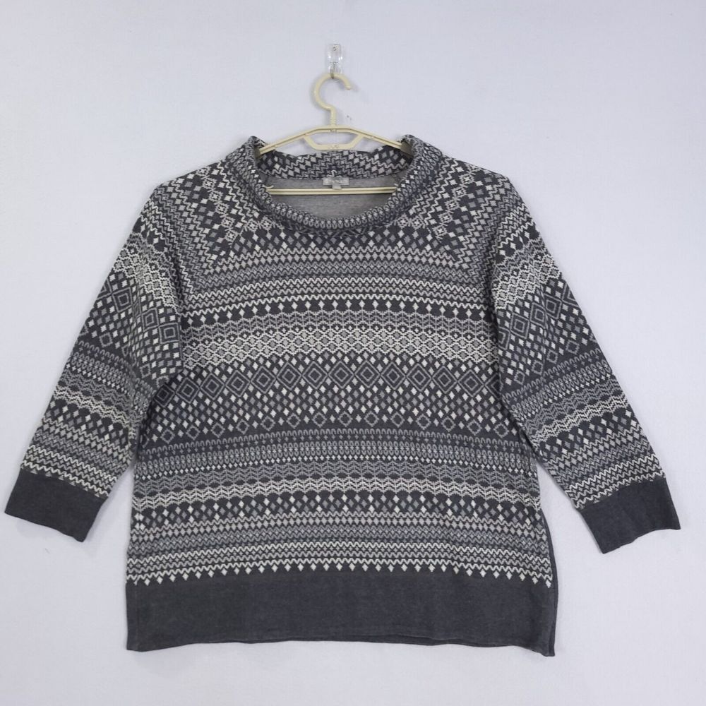 Talbots Sweater Plus Size 2x Fair Isle Print Grey Cotton  Round Neck Holidays